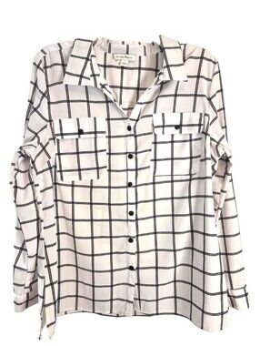 Studio Works White Black Contrast Plaid Button Down Blouse